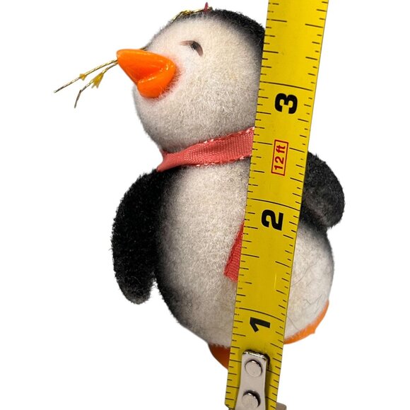 Vtg Flocked Fuzzy Penguin Ornament Scarf 3.5 in Orange Plastic Feet Beak - Picture 7 of 7